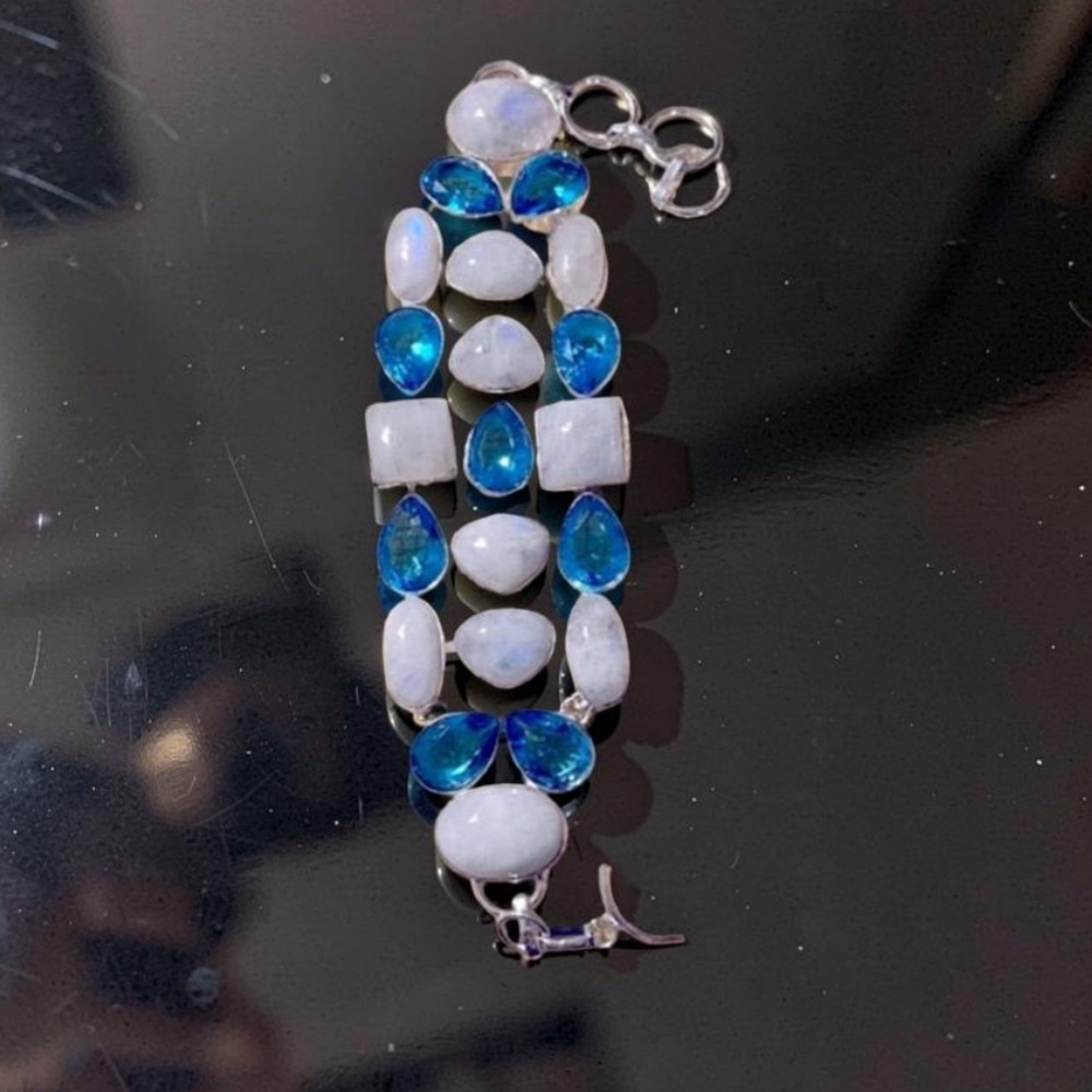 Sterling Silver Rainbow moonstone blue topaz bracelet sterling silver plated